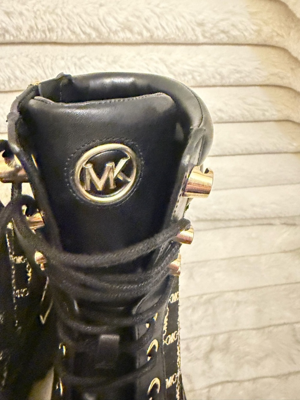 Michael Kors Black Platform Lace-Up Logo Combat Boots with Gold Accents - Picture 3 of 6